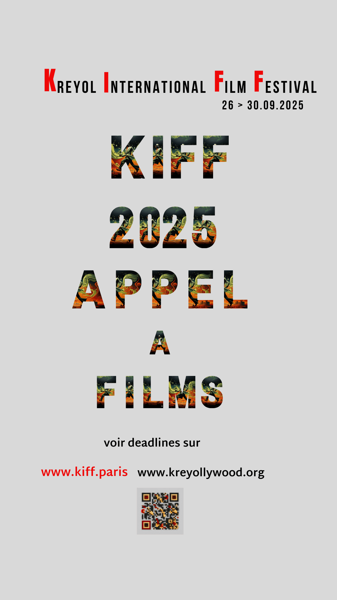 Lettres du visuel de l'appel à films pour le Kreyol International Film Festival #KIFF2025