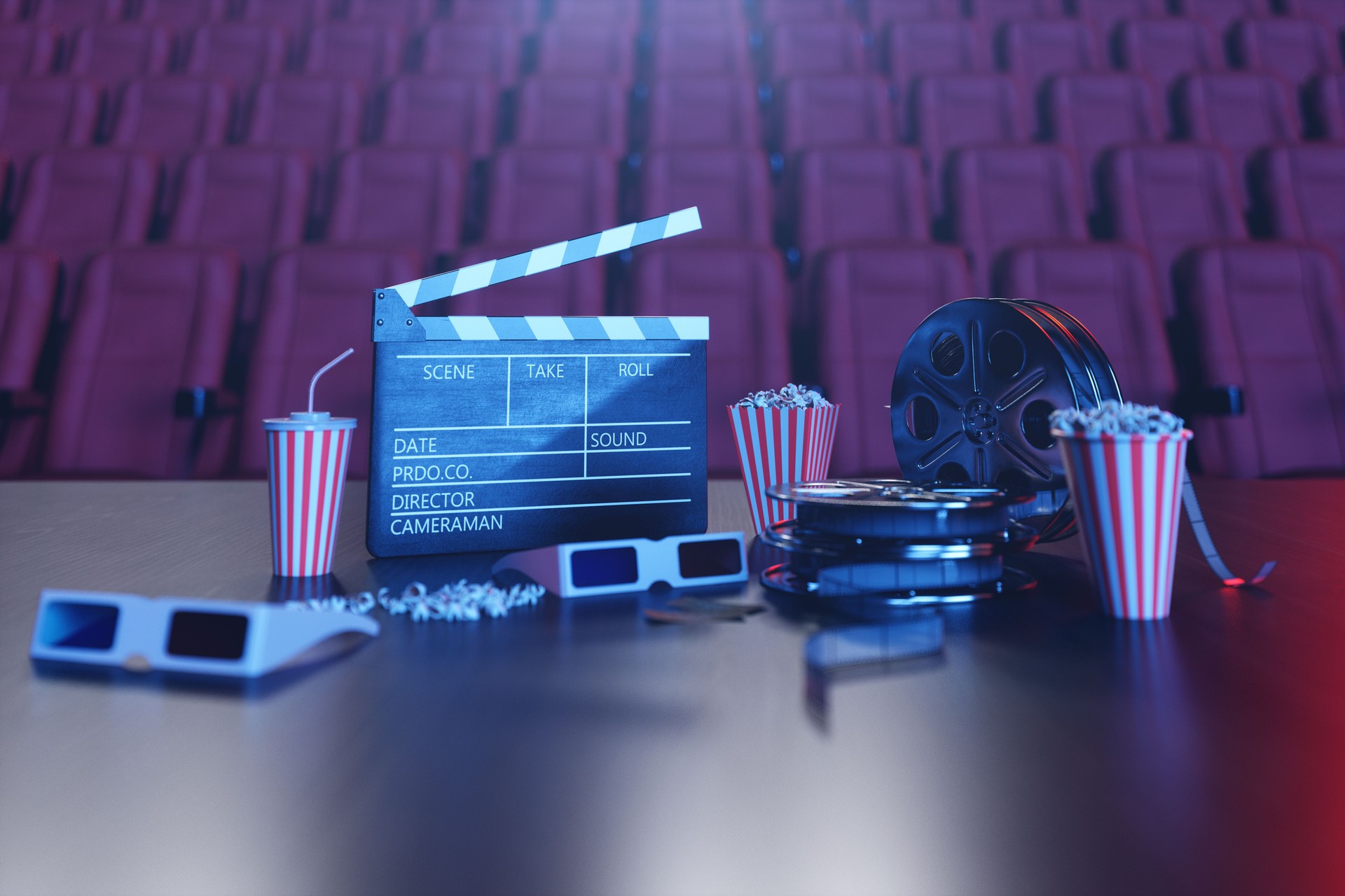 Regarder un film de cinéma. Composition avec des lunettes 3D, film Clapper, bobine de film, pop-corn et Filmstrip. Concept de cinéma avec la lumière bleue. Chaises rouges dans la salle de cinéma en arrière-plan. illustration 3D